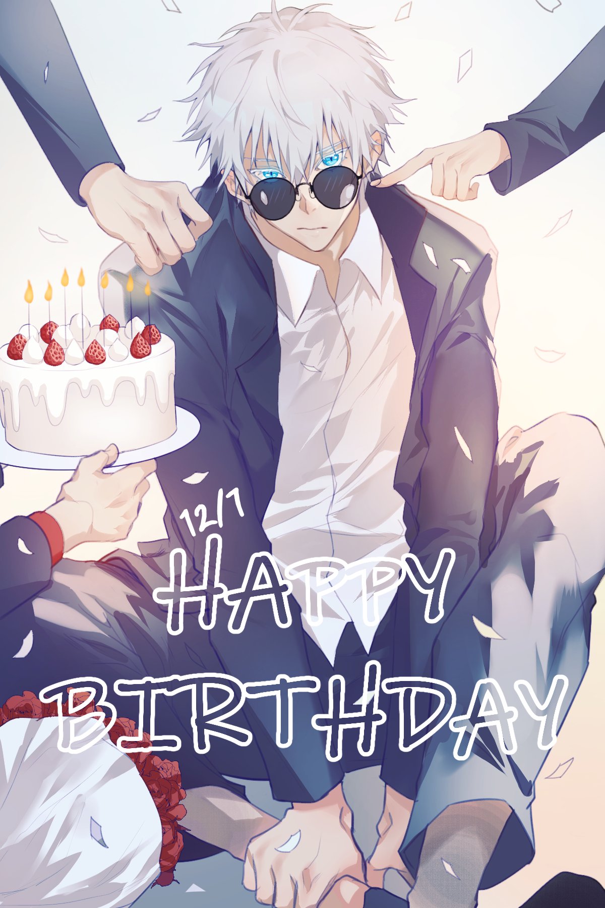 2boys 2others bangs birthday_cake black_jacket black_pants blue_eyes blush bouquet cake candle closed_eyes collared_shirt dated eyelashes feet_out_of_frame flower food gojou_satoru hair_between_eyes hand_on_own_leg happy_birthday highres holding holding_plate itadori_yuuji jacket jujutsu_kaisen long_sleeves looking_at_viewer male_focus mt_empty08 multiple_boys multiple_others out_of_frame pants plate round_eyewear shirt short_hair simple_background sitting solo_focus sunglasses white_background white_hair white_shirt