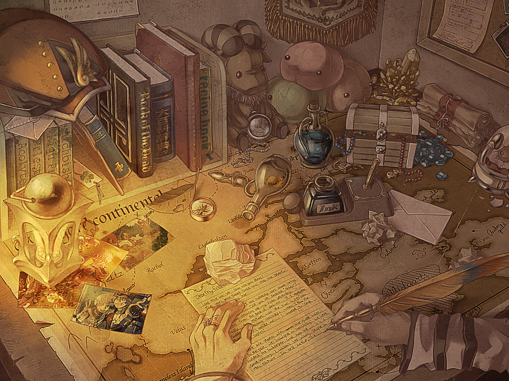 1boy :3 archbishop_(ragnarok_online) bapho_jr bible bulletin_board commentary_request compass crumpled_paper crystal demon desk desk_lamp drops_(ragnarok_online) emperium english_text envelope flask gem goat hands hat headwear_removed inkwell jewelry lamp leaf letter lock long_sleeves map necklace padlock peaked_cap photo_(object) pocket_watch poporing poring potion quill ragnarok_online red_headwear scroll solo susukinohukurou treasure_chest watch writing