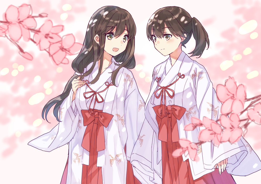 2girls akagi_(kantai_collection) brown_eyes brown_hair cherry_blossoms commentary_request commission cowboy_shot eye_contact hakama japanese_clothes kaga_(kantai_collection) kantai_collection kimono long_hair looking_at_another miko mitsuyo_(mituyo324) multiple_girls red_hakama side_ponytail straight_hair white_kimono