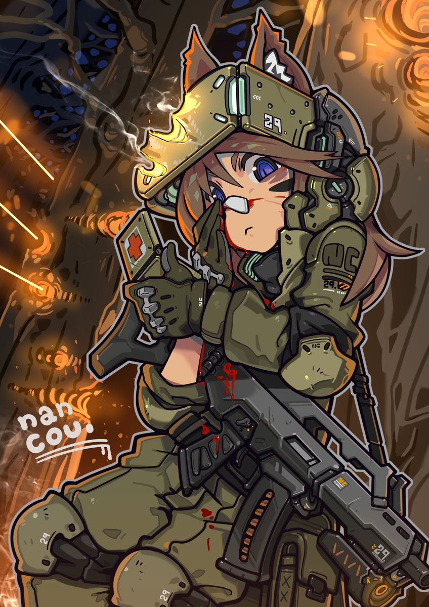 1girl animal_ear_fluff animal_ears bandaid bandaid_on_face bangs blood blue_eyes brown_hair elbow_pads facial_mark facing_viewer firing first_aid_kit gloves gun head_mounted_display highres knee_pads long_hair military nancou_(nankou) original solo tree visor weapon