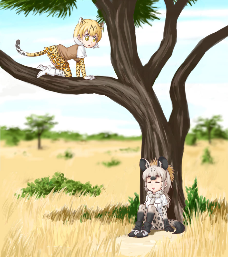 =_= animal_ears animal_print bangs black_hair blonde_hair blurry blurry_background bodystocking boots bow bowtie breast_pocket cat_girl closed_eyes commentary_request day elbow_gloves extra_ears eyebrows_visible_through_hair gloves grass grey_hair hyena_ears hyena_girl hyena_tail in_tree kemono_friends leopard_(kemono_friends) leopard_ears leopard_girl leopard_print leopard_tail long_hair long_sleeves looking_at_another medium_hair multicolored_hair on_ground open_mouth outdoors pleated_skirt pocket print_gloves print_legwear print_skirt savannah shirt shoes short_over_long_sleeves short_sleeves shun05q sidelocks skirt smile spotted_hyena_(kemono_friends) sweater_vest tail thigh-highs tree white_hair yellow_eyes |d