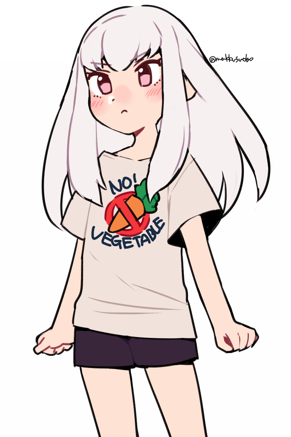 1girl black_shorts blush carrot contemporary cowboy_shot do_m_kaeru fire_emblem fire_emblem:_three_houses long_hair lysithea_von_ordelia no_symbol pink_eyes shirt shorts simple_background solo t-shirt twitter_username white_background white_hair white_shirt