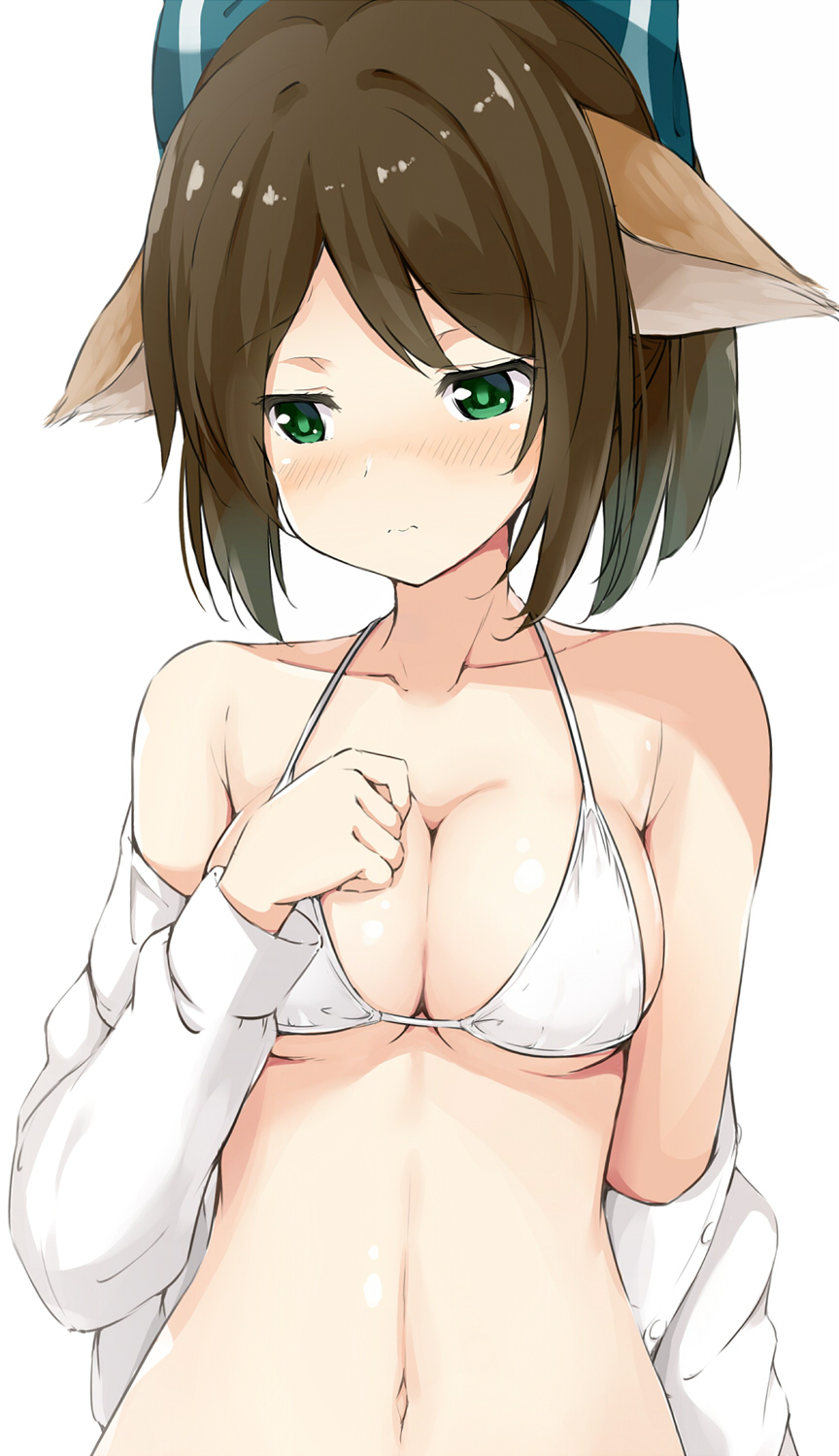 1girl animal_ears arknights bangs bare_shoulders bikini blue_ribbon breasts brown_hair collarbone commentary_request eyebrows_visible_through_hair fox_ears green_eyes hair_ribbon halterneck hand_on_own_chest hand_up highres kusunoki_(gwzx5574) long_sleeves medium_breasts navel off_shoulder open_clothes open_shirt partial_commentary perfumer_(arknights) ribbon shirt short_hair simple_background solo stomach swimsuit upper_body white_background white_bikini white_shirt