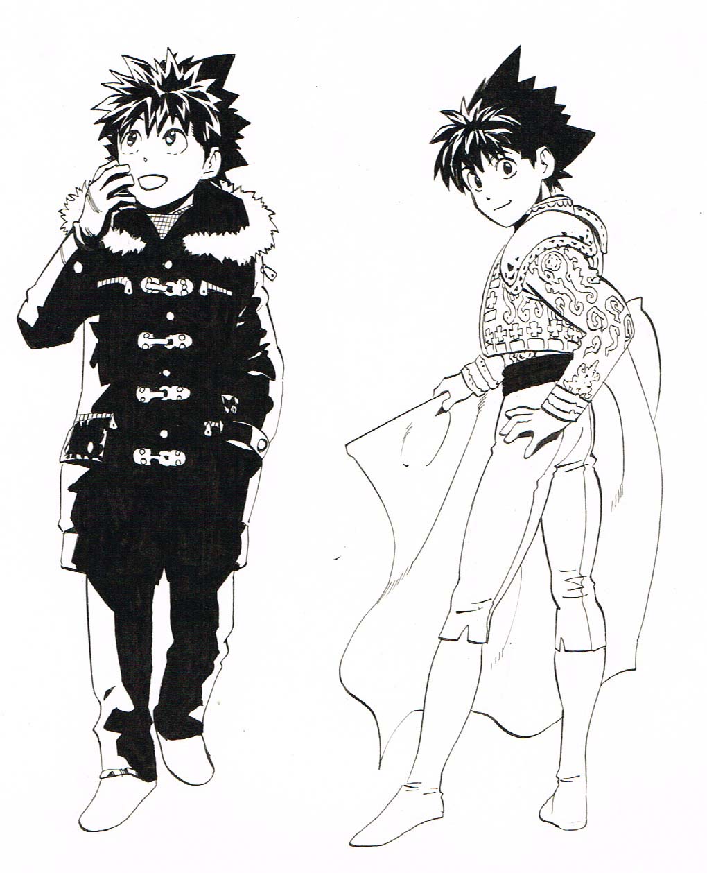 1boy :d boots bullfighting closed_mouth coat costume eyeshield_21 gloves greyscale hand_in_pocket hand_on_hip hand_up highres holding kobayakawa_sena looking_at_viewer looking_back looking_up male_focus monochrome multiple_views murata_yuusuke official_art open_mouth pants scan shoes simple_background smile spiky_hair traditional_media white_background winter_clothes winter_coat