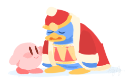 beak bird blue_feathers blush_stickers colored_skin gigi_d.g. girdle happy hat king_dedede kirby kirby's_dream_land kirby_(series) lowres penguin pink_skin red_headwear robe sad smile source_request standing white_background