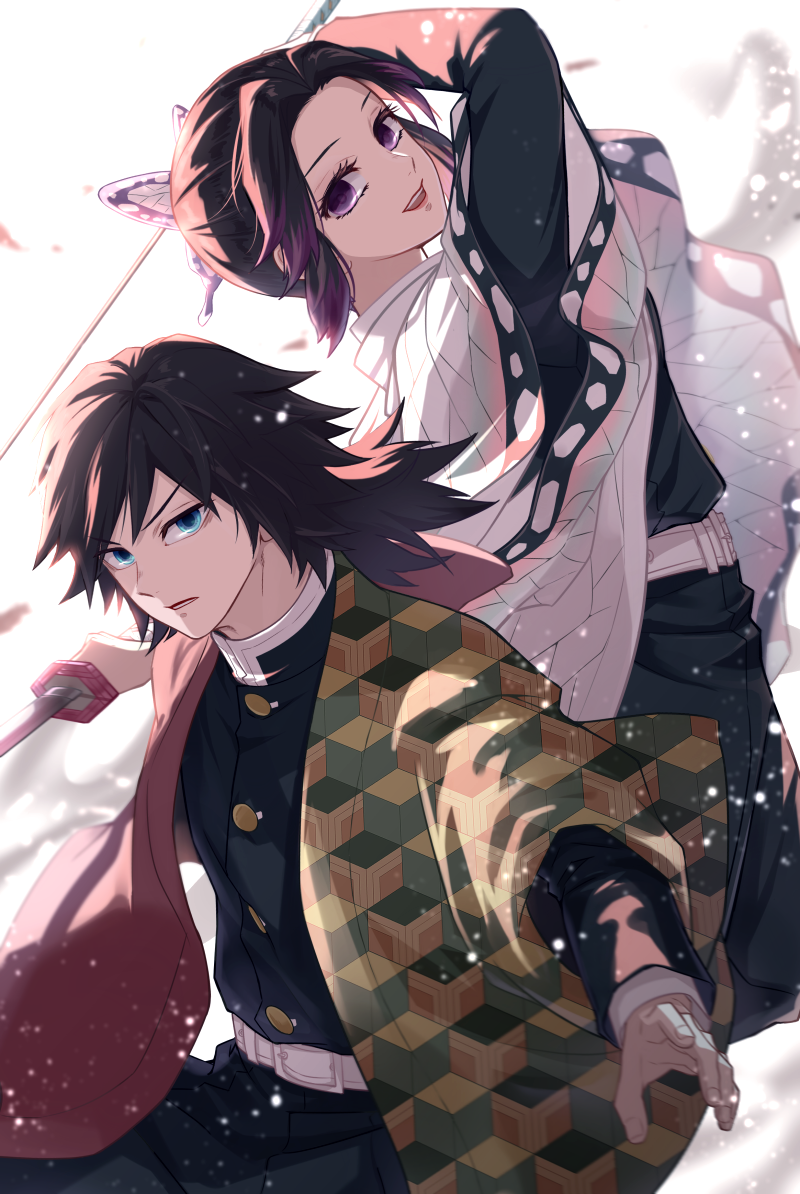 1boy 1girl arm_up bangs belt black_hair black_jacket black_pants blue_eyes butterfly_hair_ornament commentary_request fighting_stance gradient_hair hair_between_eyes hair_ornament hakama_pants haori holding holding_sword holding_weapon jacket japanese_clothes katana kimetsu_no_yaiba kochou_shinobu long_hair long_sleeves multicolored_hair nayu_(mcpt8738) open_mouth pants parted_bangs purple_hair short_hair smile sword tomioka_giyuu uniform violet_eyes weapon white_background white_belt