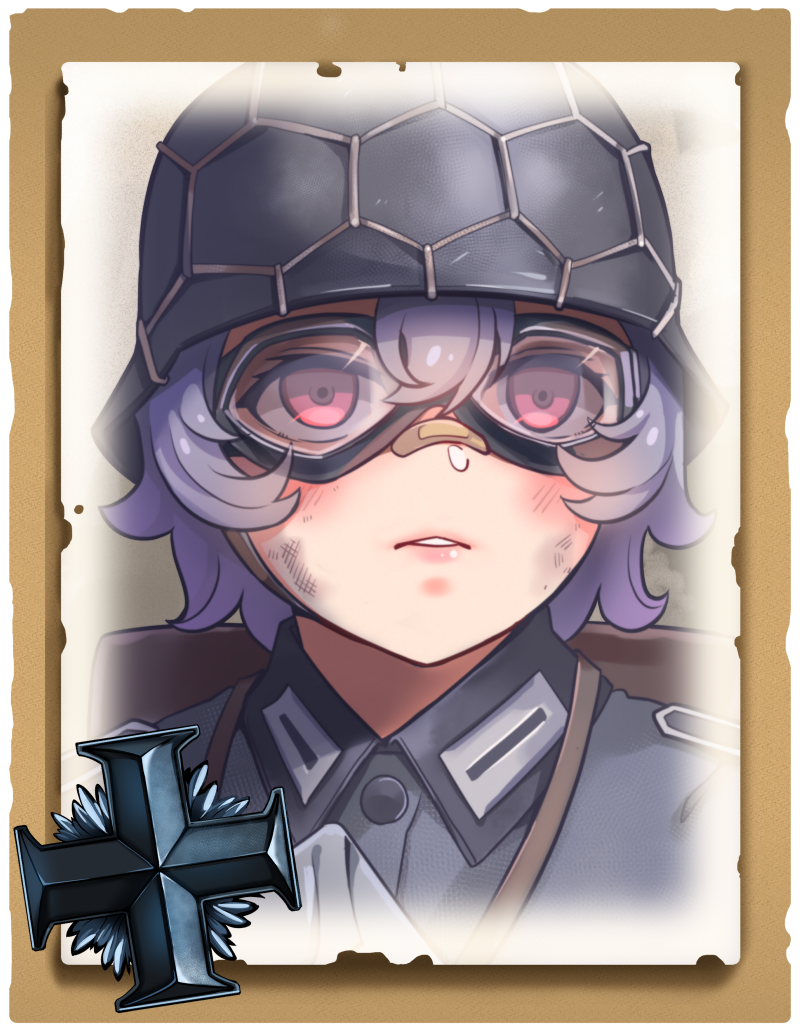 1girl bandaid bangs company_of_heroes dirty dirty_face german_army goggles goggles_on_head hair_between_eyes hat helmet military military_hat military_uniform open_mouth original pink_eyes portrait purple_hair short_hair solo teeth uniform world_war_ii zhainan_s-jun