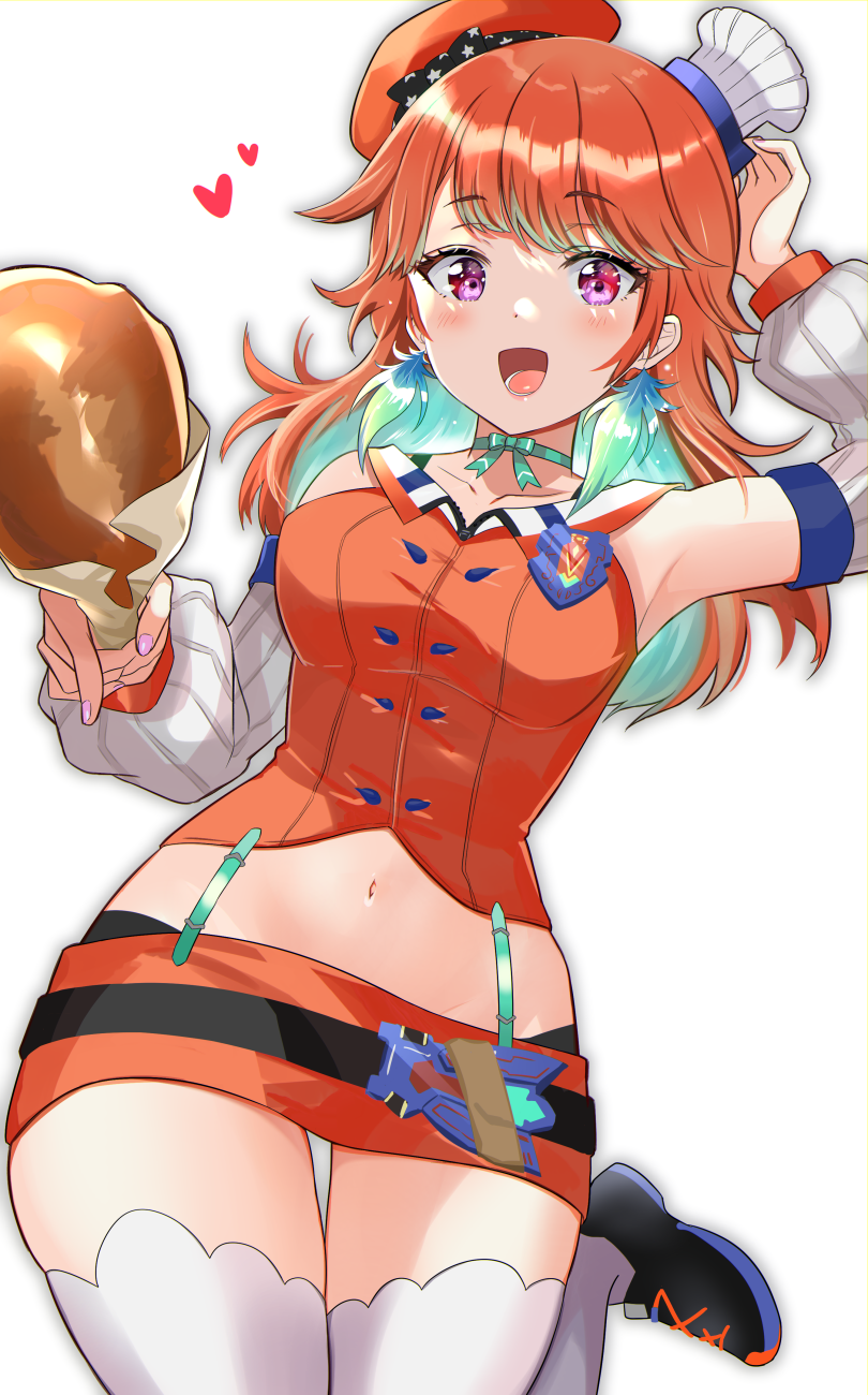 1girl :d arm_up armpits bare_shoulders black_footwear breasts chicken_(food) choker crop_top detached_sleeves food garter_straps hat heart highres holding hololive hololive_english leg_up long_hair long_sleeves looking_at_viewer medium_breasts midriff miniskirt multicolored_hair navel niwata0 open_mouth orange_hair orange_headwear orange_shirt orange_skirt pink_eyes ribbon_choker shirt shoes simple_background skirt smile solo takanashi_kiara thigh-highs two-tone_hair virtual_youtuber white_background white_legwear zettai_ryouiki