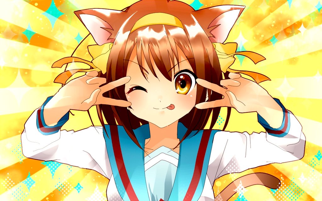 1girl :p ;) animal_ears bangs blue_sailor_collar blush breasts brown_eyes brown_hair cat_ears cat_tail collarbone commentary_request double_v emotional_engine_-_full_drive eyebrows_visible_through_hair fate/grand_order fate_(series) hair_ribbon hairband hands_up kita_high_school_uniform kuuma25_kuma long_hair long_sleeves looking_at_viewer medium_breasts one_eye_closed parody ribbon sailor_collar school_uniform serafuku shirt smile solo sparkle sunburst sunburst_background suzumiya_haruhi suzumiya_haruhi_no_yuuutsu tail tongue tongue_out upper_body v white_shirt yellow_background yellow_hairband yellow_ribbon