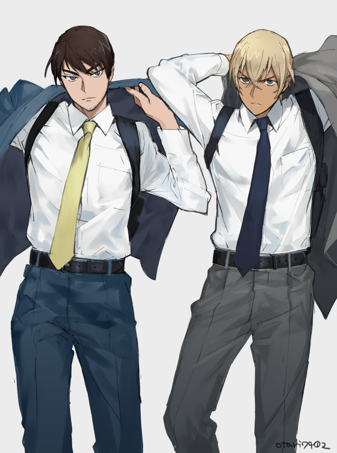 2boys amuro_tooru belt blue_eyes blue_jacket blue_neckwear blue_pants blue_suit brown_hair closed_mouth collared_shirt commentary_request cowboy_shot dark_skin dark_skinned_male dressing facial_hair formal frown grey_background grey_eyes grey_jacket grey_pants grey_suit hair_between_eyes indesign jacket light_brown_hair long_sleeves looking_at_viewer male_focus meitantei_conan multiple_boys necktie pants scotch_(meitantei_conan) serious shirt side-by-side signature simple_background standing stubble suit white_shirt yellow_neckwear