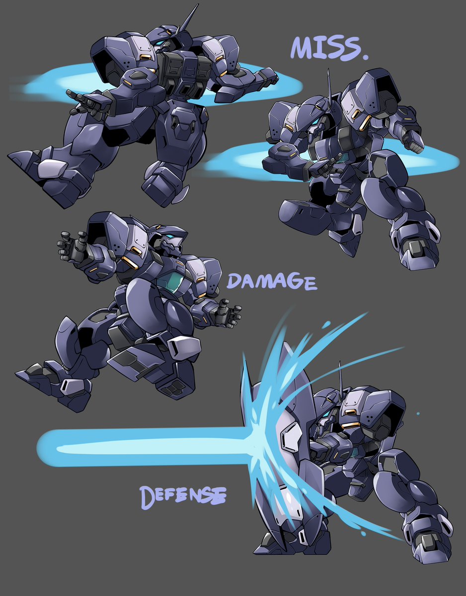 beam blocking blue_eyes charging_forward chibi clenched_hand dodging from_behind gun haganef holding holding_gun holding_shield holding_weapon looking_up mecha multiple_views no_humans open_hand open_hands original shield weapon