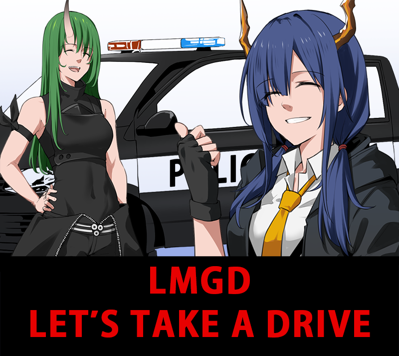 2girls :d ^_^ arknights bangs bishi_(bishi) black_jacket breasts car ch'en_(arknights) chinese_commentary closed_eyes commentary_request covered_navel dragon_horns eyebrows_visible_through_hair green_hair grin ground_vehicle hand_on_hip hand_up horns hoshiguma_(arknights) jacket long_hair low_twintails medium_breasts motor_vehicle multiple_girls necktie open_clothes open_jacket open_mouth police_car shirt single_horn sleeveless smile twintails upper_body white_shirt wing_collar yellow_neckwear