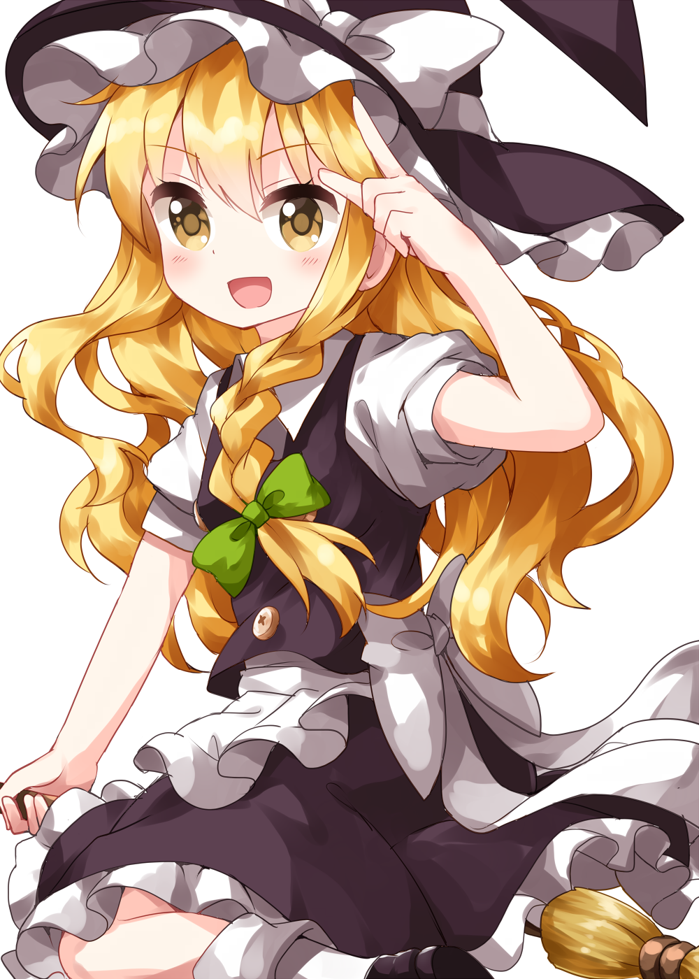 1girl apron bangs black_footwear black_headwear black_skirt black_vest blonde_hair bobby_socks bow braid broom broom_riding buttons collared_shirt eyebrows_visible_through_hair green_bow hair_bow hat hat_bow highres index_finger_raised kirisame_marisa long_hair looking_away open_mouth puffy_short_sleeves puffy_sleeves ruu_(tksymkw) shirt short_sleeves side_braid simple_background single_braid skirt smile socks solo standing touhou v-shaped_eyebrows vest waist_apron white_apron white_background white_bow white_legwear white_shirt witch_hat yellow_eyes