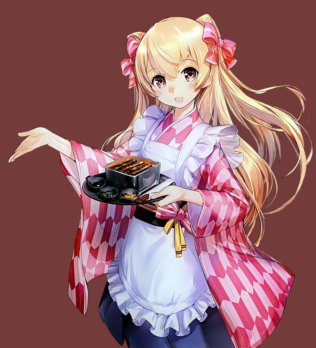 1girl apron breasts brown_background brown_eyes checkered checkered_kimono chopsticks cowboy_shot food frills grilled_eel hair_ribbon holding holding_tray japanese_clothes johnston_(kantai_collection) kantai_collection kimono light_brown_hair long_hair looking_at_viewer maid_apron medium_breasts official_art open_mouth ribbon scan smile tray two_side_up wa_maid white_apron wide_sleeves zeco