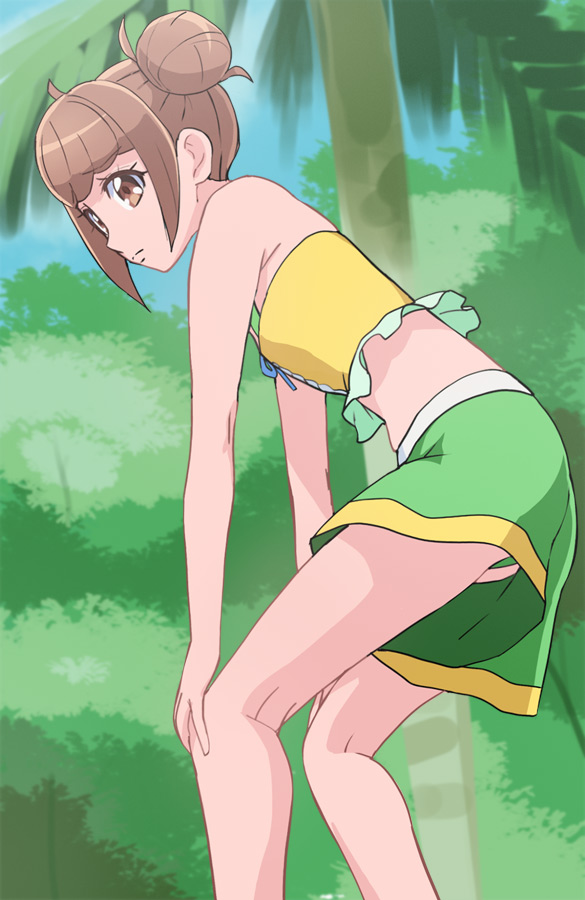 1girl bare_shoulders bikini brown_eyes brown_hair closed_mouth green_bikini hair_bun hands_on_own_knees haruyama_kazunori healin'_good_precure hiramitsu_hinata palm_tree precure short_hair solo standing swimsuit tree two-tone_bikini yellow_bikini