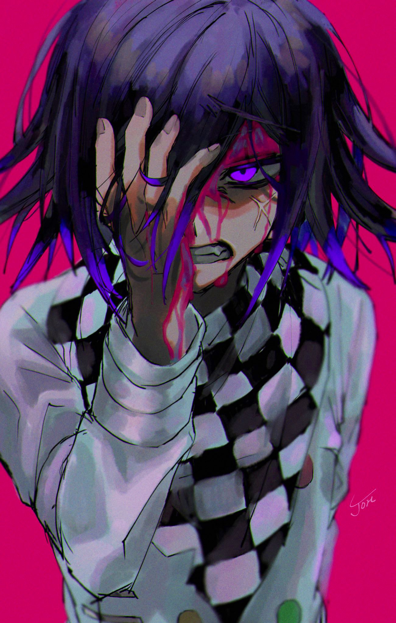 1boy anger_vein bangs blood blood_on_face checkered checkered_neckwear checkered_scarf clenched_teeth commentary_request dangan_ronpa gradient_hair hair_between_eyes hand_in_hair hand_on_own_face highres joh_pierrot long_sleeves looking_at_viewer male_focus multicolored_hair new_dangan_ronpa_v3 ouma_kokichi pink_background purple_hair revision scarf signature simple_background solo straitjacket teeth upper_body violet_eyes