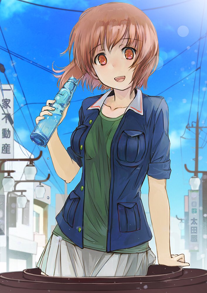 1girl bangs blue_jacket blue_sky blurry blurry_background bottle brown_eyes brown_hair clouds cloudy_sky commentary day depth_of_field droplet eyebrows_visible_through_hair girls_und_panzer green_shirt holding holding_bottle jacket lamppost lens_flare long_sleeves looking_at_viewer military military_uniform miniskirt nishizumi_miho ooarai_military_uniform open_clothes open_jacket open_mouth outdoors pleated_skirt power_lines ramune shirt short_hair skirt sky sleeves_rolled_up smile solo standing tank_cupola uniform white_skirt wind yurikuta_tsukumi