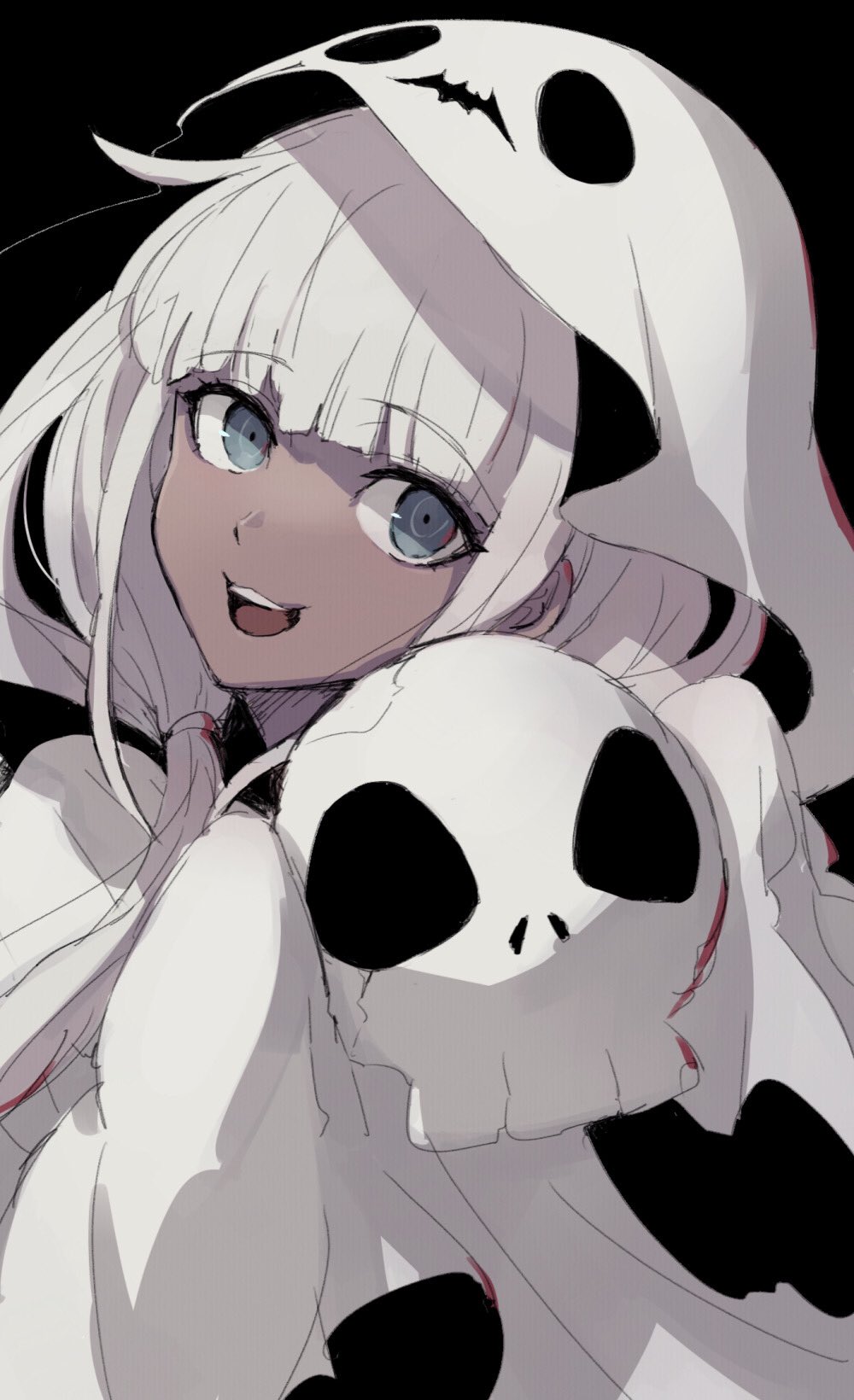 1girl asuna_(doruru-mon) bangs black_background blue_eyes commentary dangan_ronpa dark_skin dark-skinned_female eyebrows_visible_through_hair ghost_costume highres holding holding_skull long_hair looking_at_viewer new_dangan_ronpa_v3 open_mouth sidelocks simple_background skull smile solo upper_teeth white_hair yonaga_angie