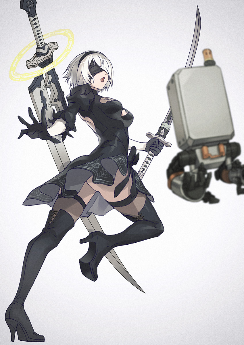 1girl ass back_cutout black_blindfold black_dress black_footwear black_legwear blindfold boots breasts clothing_cutout dress feather-trimmed_sleeves feather_trim full_body gloves hairband high_heel_boots high_heels highres holding holding_sword holding_weapon medium_breasts mole mole_under_mouth nier_(series) nier_automata open_mouth outstretched_arm pod_(nier_automata) puffy_sleeves robot short_dress short_hair side_slit soulcalibur soulcalibur_v soulcalibur_vi standing standing_on_one_leg sword thigh-highs thigh_boots weapon white_hair yagi2013 yorha_no._2_type_b