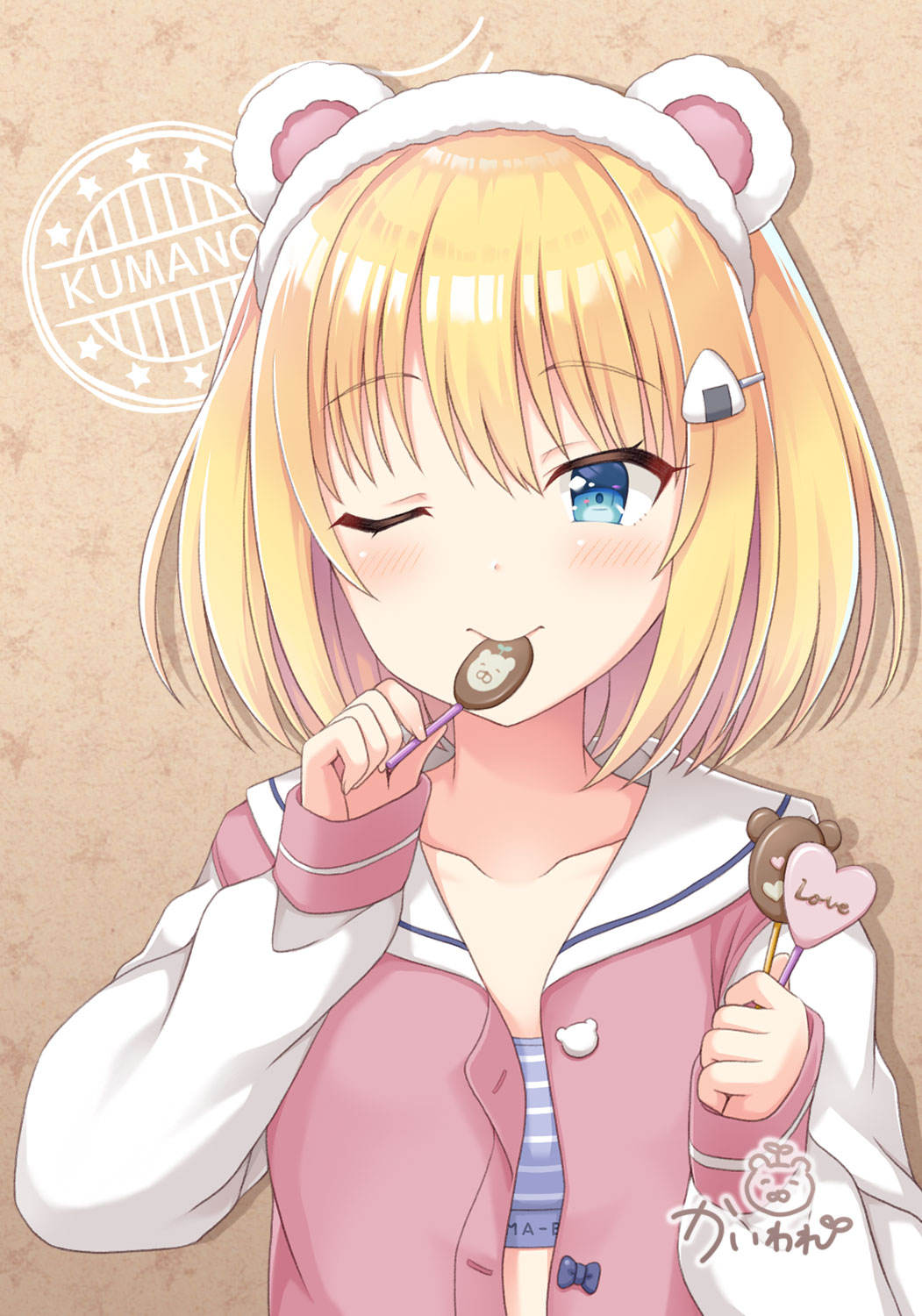 1girl animal_ears bangs bear_ears blonde_hair blue_bra blue_eyes blush bra candy closed_mouth collarbone commentary_request eyebrows_visible_through_hair fake_animal_ears food hair_between_eyes hair_ornament hairband hairclip hands_up highres holding holding_candy holding_food holding_lollipop jacket kaiware-san lollipop long_sleeves looking_at_viewer one_eye_closed onigiri_hair_ornament open_clothes open_jacket original pink_jacket sailor_collar sleeves_past_wrists solo striped striped_bra underwear upper_body white_hairband white_sailor_collar