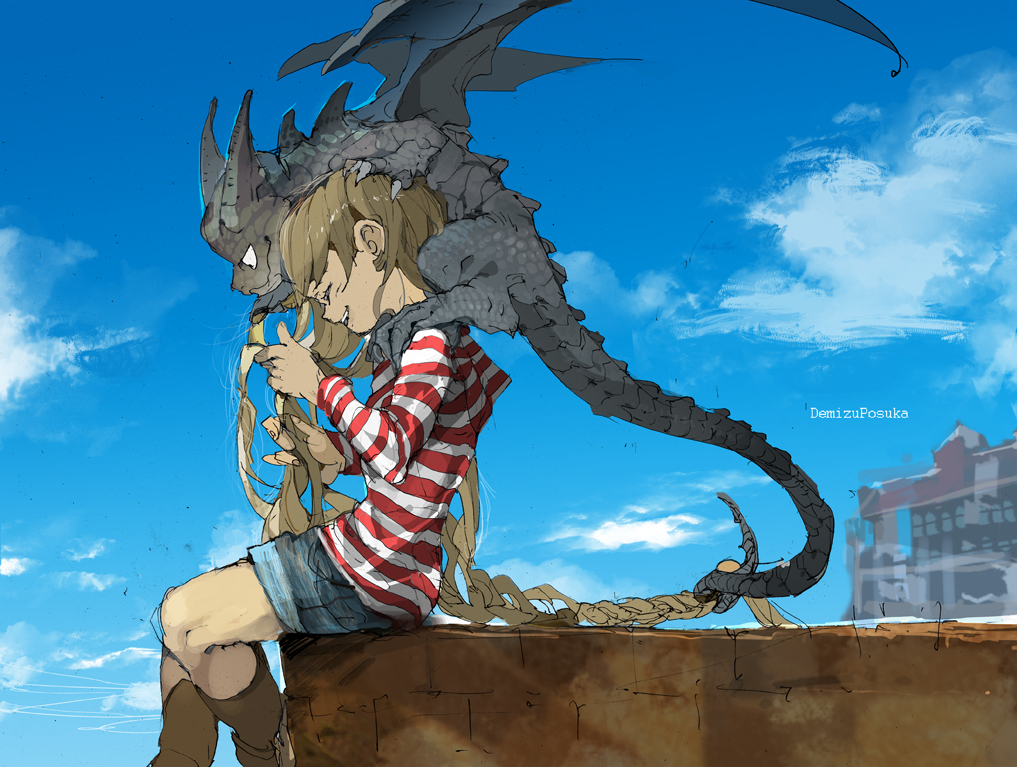 1girl blonde_hair braid braiding_hair clouds demizu_posuka dragon hairdressing long_hair long_sleeves on_shoulder original sky