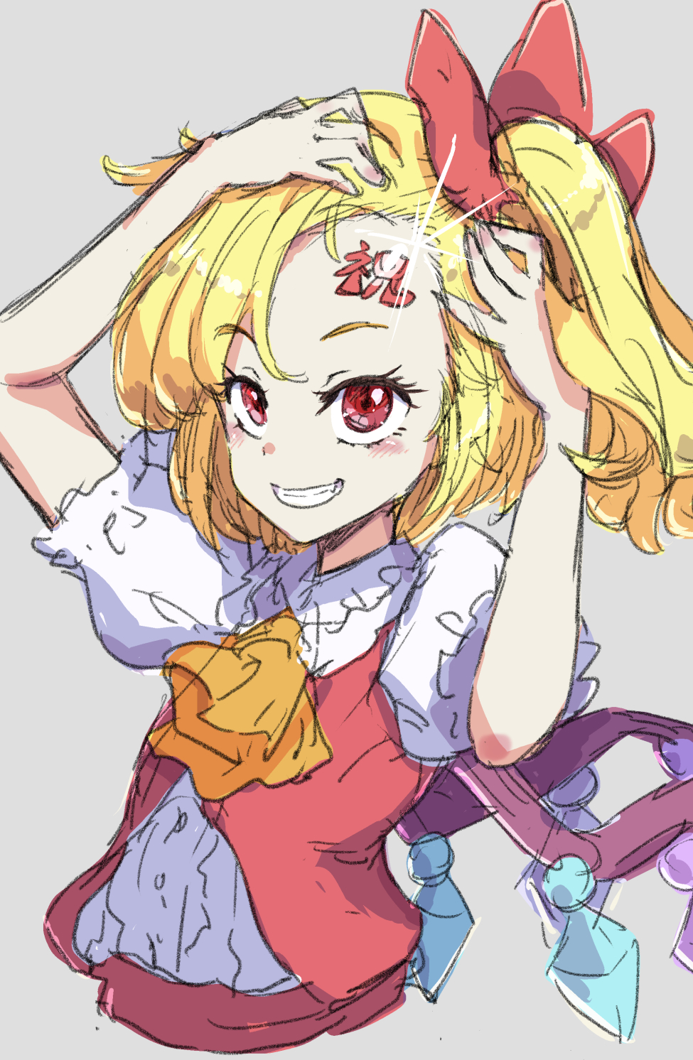 1girl arms_up ascot bangs blonde_hair blush bow closed_mouth collared_shirt commentary_request crystal fang flandre_scarlet grey_background hair_between_eyes hair_bow hands_up highres jack_(wkm74959) jewelry looking_up multicolored_wings no_headwear one-hour_drawing_challenge one_side_up orange_ascot puffy_short_sleeves puffy_sleeves red_bow red_eyes red_skirt red_vest shirt short_hair short_sleeves simple_background skirt skirt_set smile solo sparkle teeth touhou translation_request vest white_shirt wings