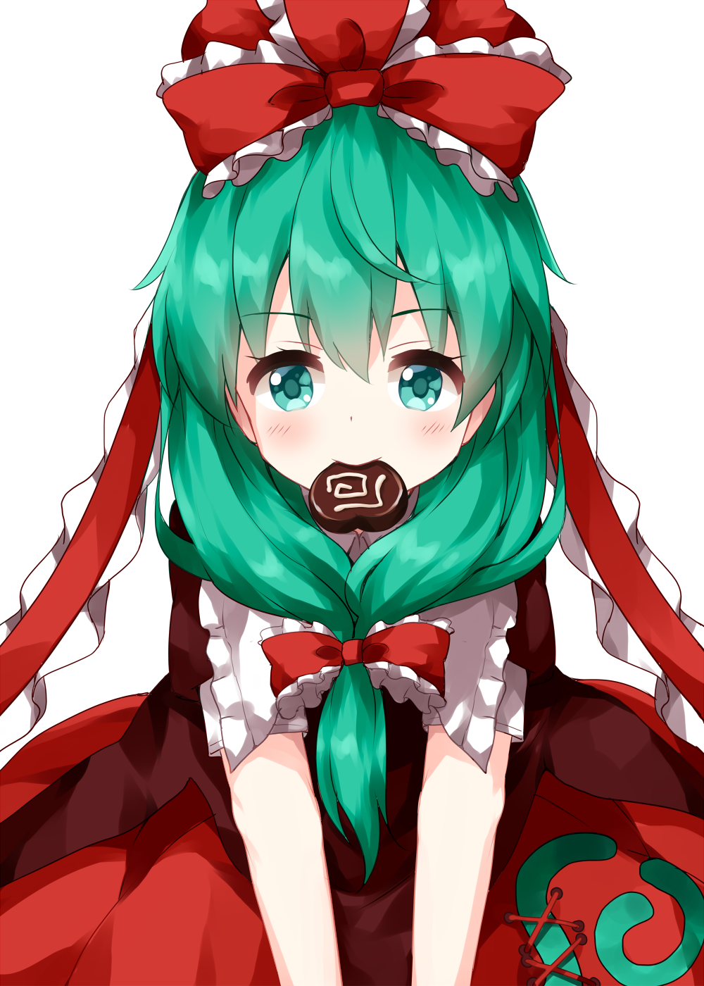1girl bangs bow candy chocolate chocolate_heart cowboy_shot dress eyebrows_visible_through_hair food food_in_mouth frilled_bow frilled_ribbon frills front_ponytail green_eyes green_hair hair_between_eyes hair_bow hair_ribbon hat hat_bow heart highres kagiyama_hina long_hair looking_at_viewer red_bow red_dress red_ribbon ribbon ruu_(tksymkw) short_sleeves simple_background solo spiral standing touhou v_arms white_background