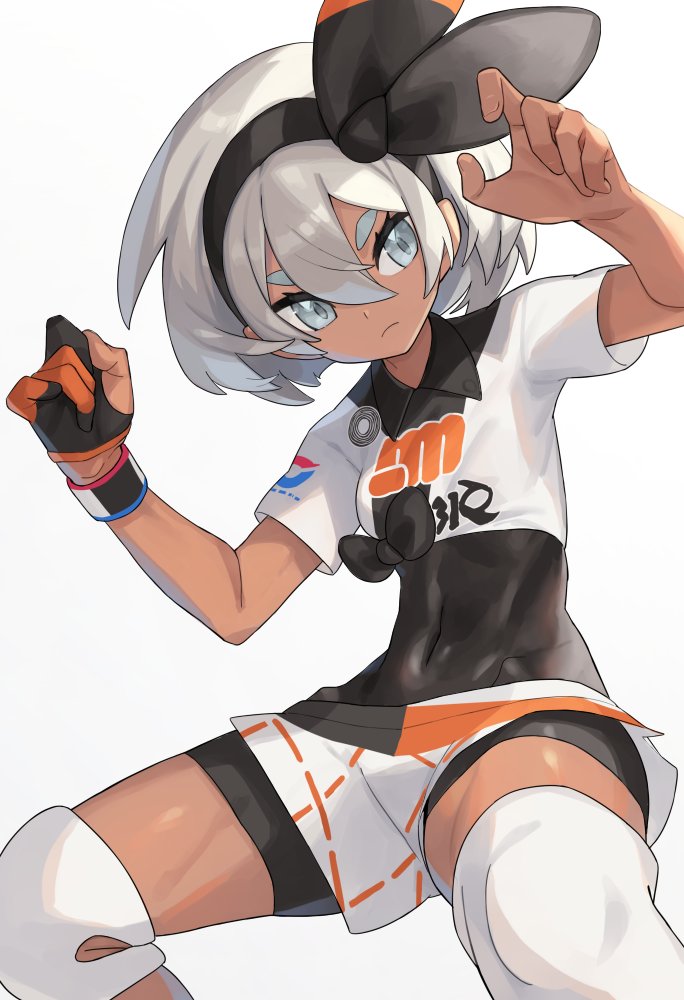 1girl bangs bea_(pokemon) black_bodysuit black_hairband bodysuit bodysuit_under_clothes bow_hairband chorefuji closed_mouth collared_shirt commentary covered_navel dynamax_band eyelashes gloves grey_eyes grey_hair gym_leader hair_between_eyes hairband hands_up knee_pads looking_to_the_side partially_fingerless_gloves pokemon pokemon_(game) pokemon_swsh print_shirt print_shorts shirt short_sleeves shorts side_slit side_slit_shorts single_glove solo tied_shirt white_background