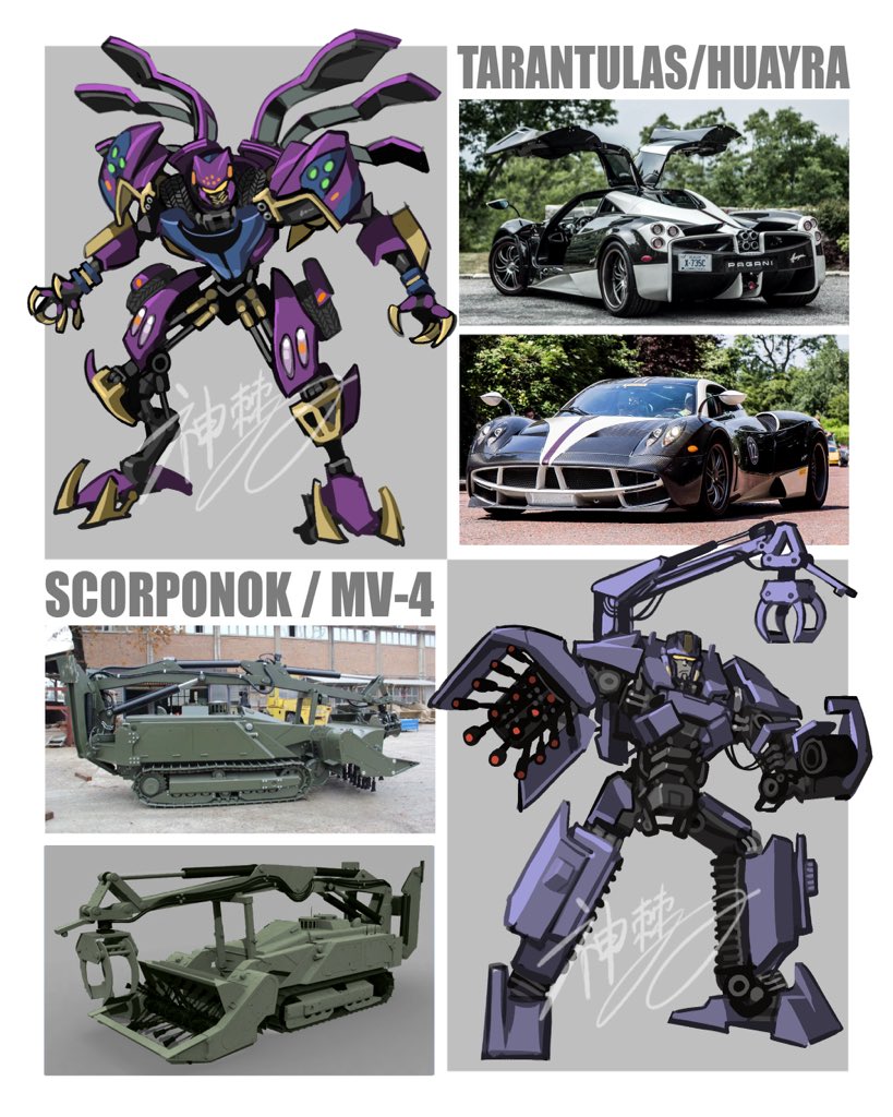 2boys beast_wars car claws crane_(machine) decepticon english_commentary ground_vehicle mecha motor_vehicle multiple_boys no_humans open_hands pagani pagani_huayra photo_(medium) redesign reference_photo_inset scorponok standing tarantulas theamazingspino transformers visor