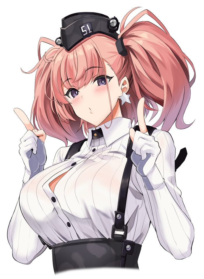 1girl anchor_hair_ornament atlanta_(kantai_collection) black_headwear breasts brown_hair dress_shirt earrings garrison_cap grey_eyes hair_ornament hat index_fingers_raised jewelry kantai_collection kyogoku_shin large_breasts long_hair long_sleeves shirt star_(symbol) star_earrings two_side_up upper_body white_background white_shirt