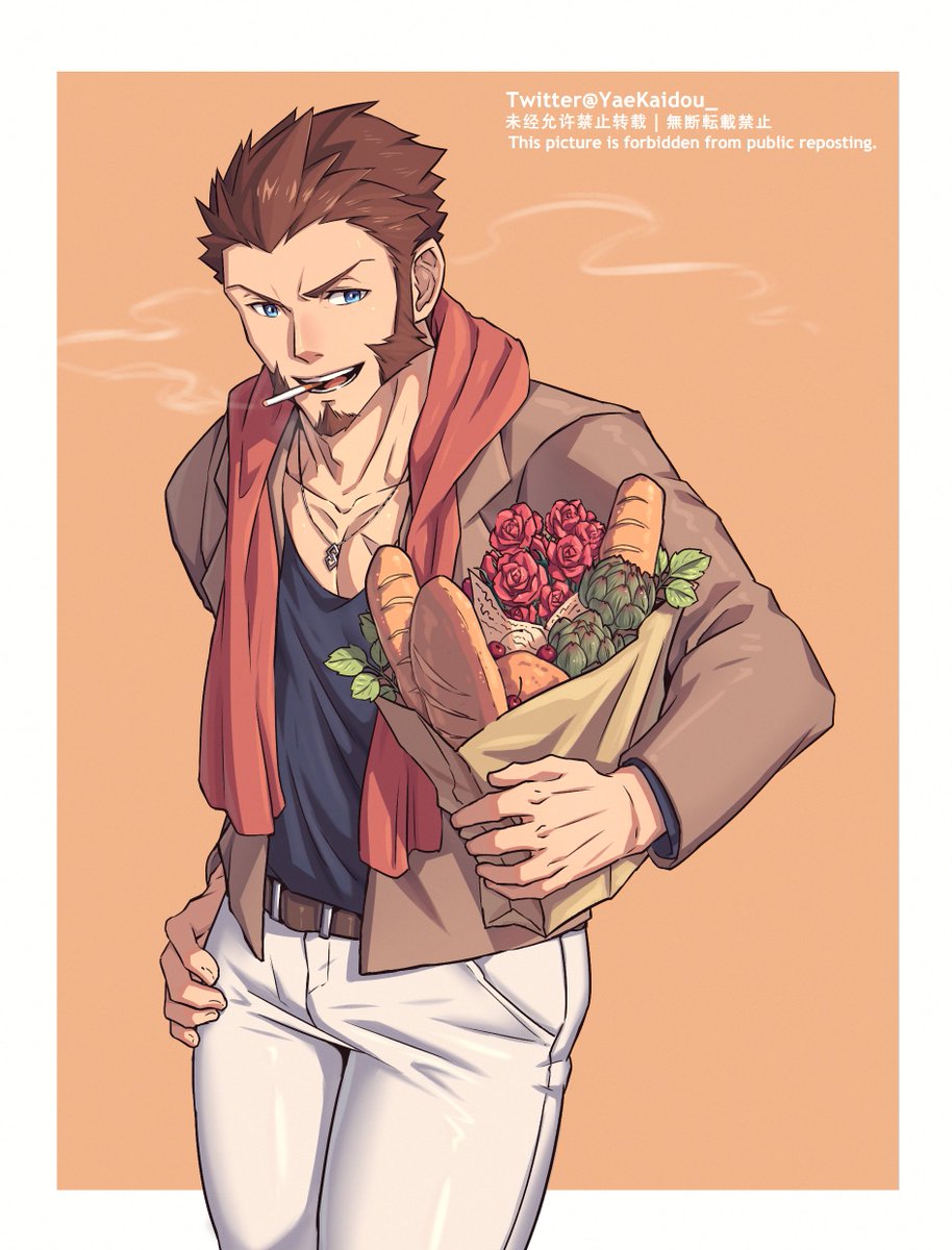 1boy alternate_costume baguette bare_pecs black_tank_top blue_eyes bouquet bread brown_hair brown_jacket casual cigarette collarbone contemporary facial_hair fate/grand_order fate_(series) flower food goatee hand_on_hip highres jacket long_sleeves looking_at_viewer male_focus napoleon_bonaparte_(fate/grand_order) open_clothes open_jacket pants pectorals red_scarf repost_notice scar scar_on_chest scarf short_hair sideburns simple_background smoking solo tank_top thighs toned toned_male white_pants yaosan233