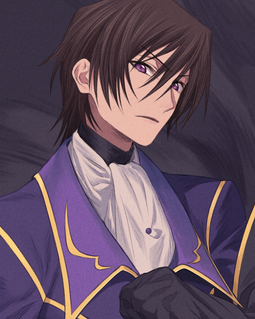 1boy ascot bangs black_background black_cape blue_jacket brown_hair cape clenched_hand code_geass cropped eyebrows_visible_through_hair hair_between_eyes hand_up highres jacket lelouch_lamperouge looking_at_viewer male_focus open_mouth short_hair sidelocks solo upper_body v-shaped_eyebrows violet_eyes white_neckwear wozue