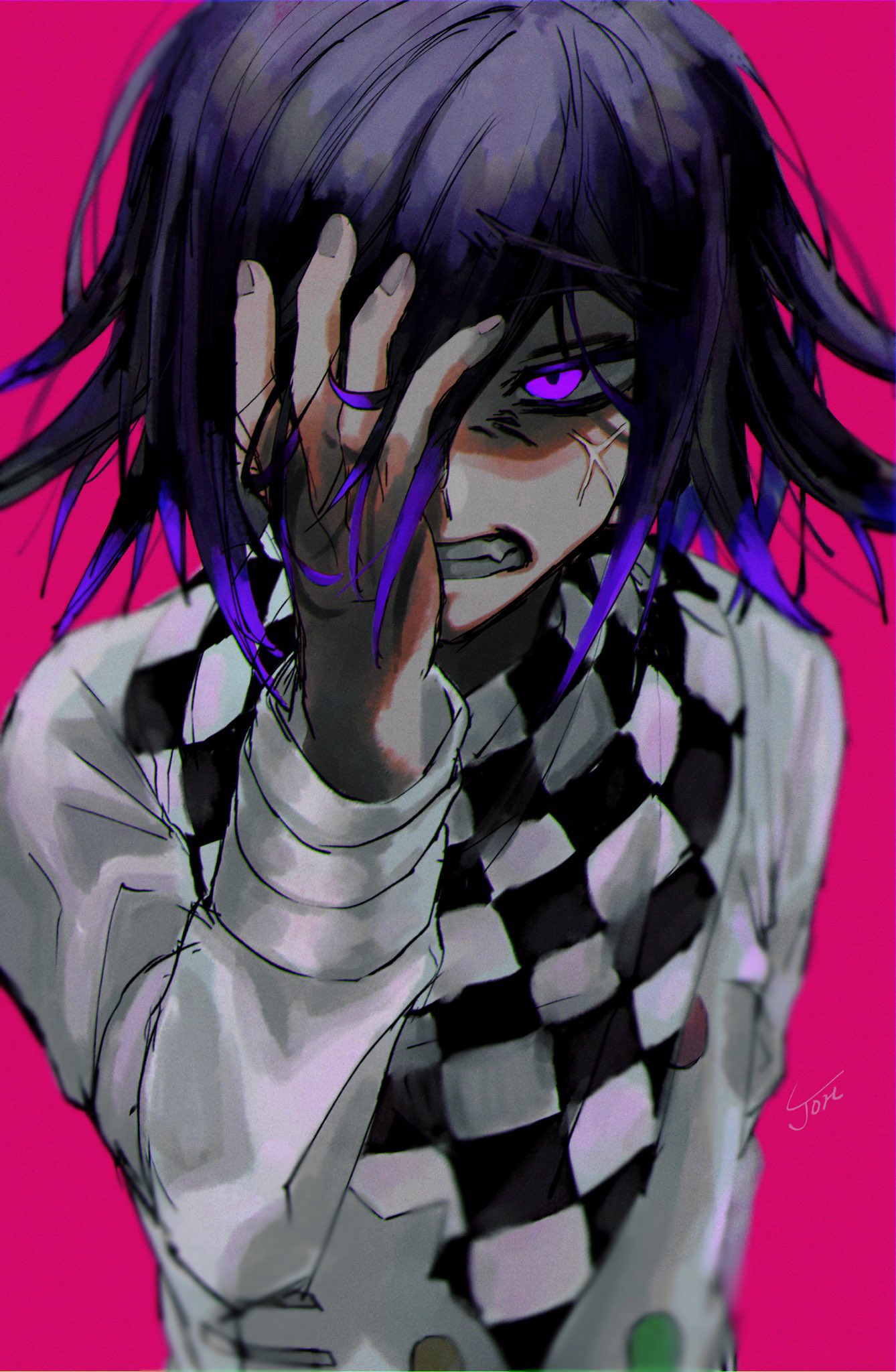 1boy anger_vein bangs checkered checkered_neckwear checkered_scarf clenched_teeth commentary_request dangan_ronpa gradient_hair hair_between_eyes hand_in_hair hand_on_own_face highres joh_pierrot long_sleeves looking_at_viewer male_focus multicolored_hair new_dangan_ronpa_v3 ouma_kokichi pink_background purple_hair revision scarf signature simple_background solo straitjacket teeth upper_body violet_eyes