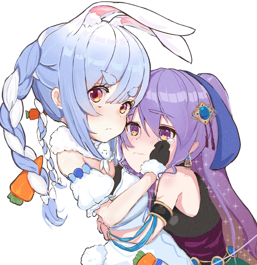 2girls animal_ears arabian_clothes belt black_gloves blue_hair braid carrot don-chan_(usada_pekora) dress frown fur-trimmed_gloves fur_trim gloves gradient gradient_background hair_ribbon hololive hololive_indonesia hug long_hair moona_hoshinova multicolored_hair multiple_girls ponytail purple_hair rabbit_ears red_eyes ribbon sidelocks simple_background starry_hair tearing_up tears twin_braids twintails two-tone_hair usada_pekora very_long_hair violet_eyes virtual_youtuber waist_hug wavy_mouth white_background white_dress wiping_tears yuma_(user_zuft7485)