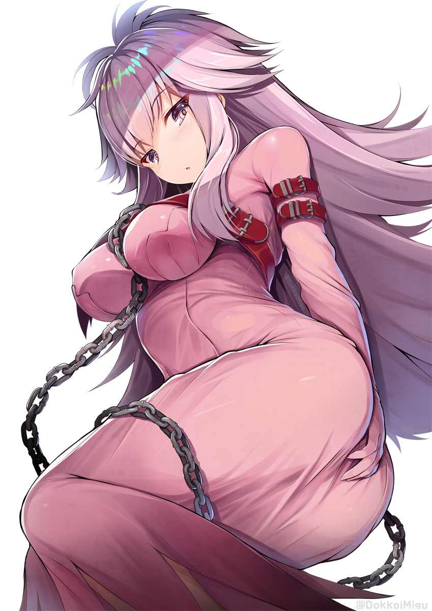 1girl ass bangs blush bound breasts chain code_geass collar commentary_request eyebrows flipped_hair hand_on_own_ass highres long_hair medium_breasts migumigu pink_hair sidelocks solo straitjacket twitter_username violet_eyes white_background
