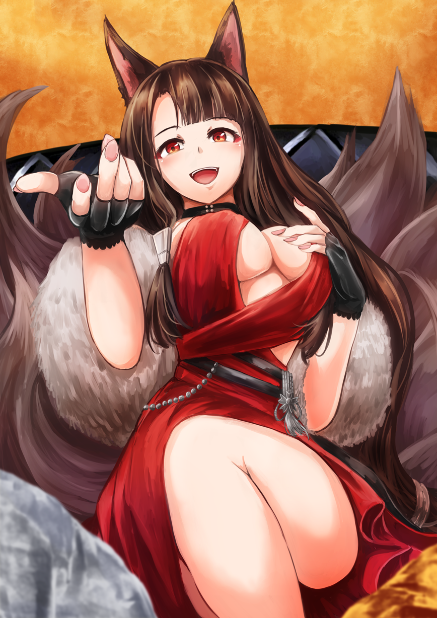 1girl akagi_(azur_lane) akagi_(blushing_intoxication)_(azur_lane) animal_ears azur_lane black_gloves breasts brown_hair brown_tail center_opening dashinoya dress evening_gown eyeshadow feather_boa fingerless_gloves fox_ears fox_girl fox_tail gloves halter_dress highres kitsune kyuubi large_breasts large_tail looking_at_viewer makeup multiple_tails open_mouth red_dress red_eyes red_eyeshadow sleeveless sleeveless_dress solo tail