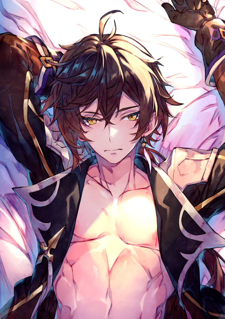 1boy ahoge black_hair collarbone commentary english_commentary genshin_impact looking_at_viewer lying male_focus on_back redcomet short_hair solo upper_body yellow_eyes zhongli_(genshin_impact)