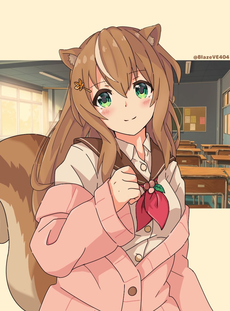 1girl alternate_costume animal_ears artist_name ayunda_risu bangs blush breasts brown_hair classroom clenched_hand eyebrows_visible_through_hair green_eyes hair_between_eyes hololive hololive_indonesia long_hair looking_at_viewer ns-blazeve off-shoulder_sweater off_shoulder pink_sweater school_uniform small_breasts solo squirrel_ears squirrel_girl squirrel_tail sweater tail virtual_youtuber