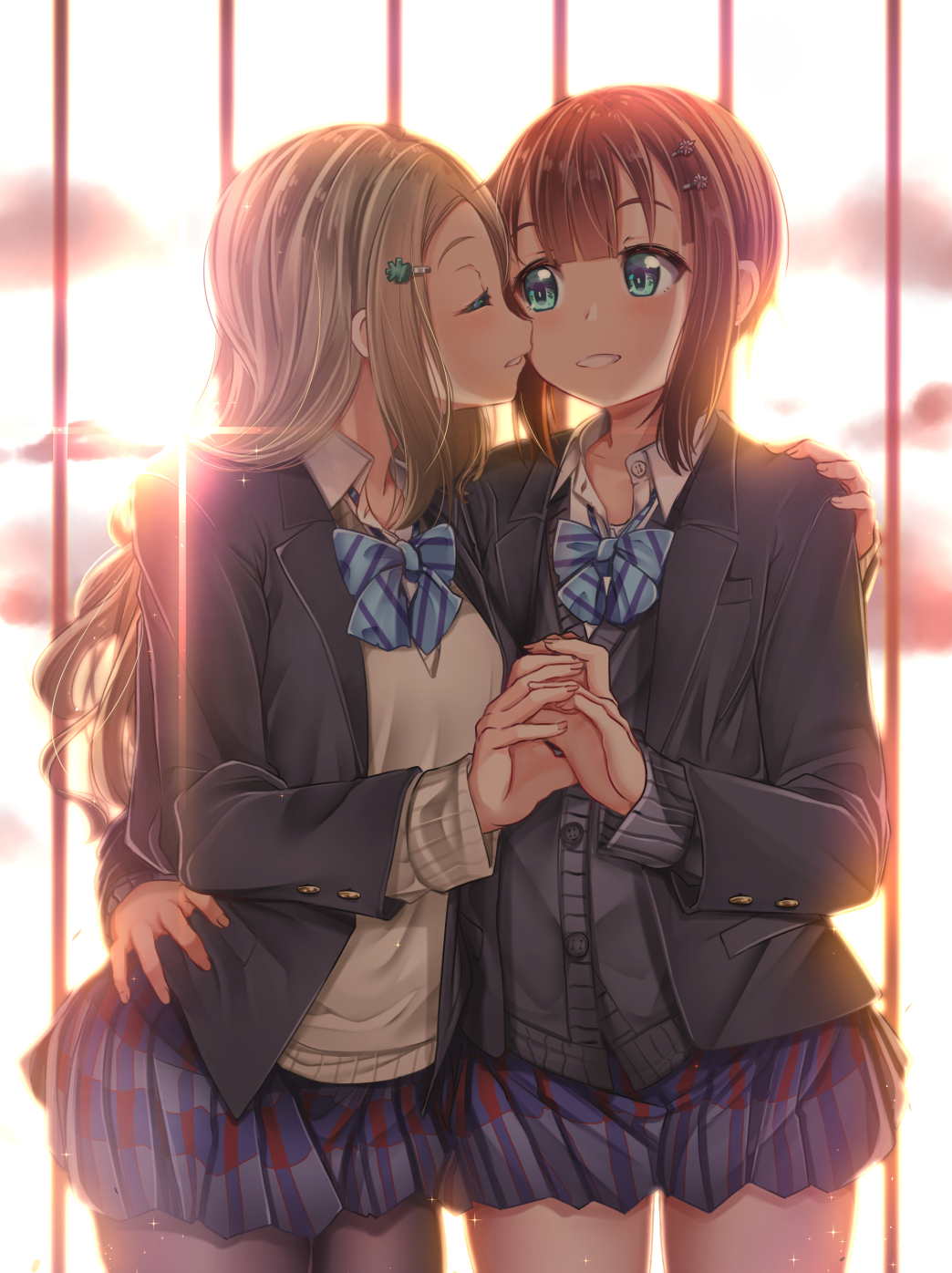 2girls ayase_arisa black_cardigan blazer blonde_hair blue_eyes blue_jacket bow bowtie brown_hair cardigan closed_eyes dress_shirt facing_another hair_ornament hairclip highres jacket kousaka_yukiho long_sleeves looking_at_another love_live! love_live!_school_idol_project mad_(hazukiken) multiple_girls otonokizaka_school_uniform school_uniform shirt short_hair vest white_shirt yuri