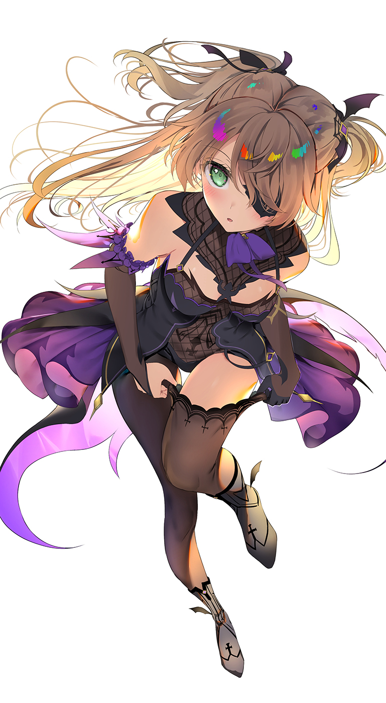 1girl asahina_hikage bangs bare_shoulders blonde_hair blush bodystocking bow breasts brown_sleeves eyepatch fischl_(genshin_impact) garter_straps genshin_impact gloves green_eyes hair_over_one_eye highres long_hair looking_at_viewer medium_breasts open_mouth purple_bow purple_neckwear simple_background single_glove single_leg_pantyhose single_thighhigh thigh-highs two_side_up white_background
