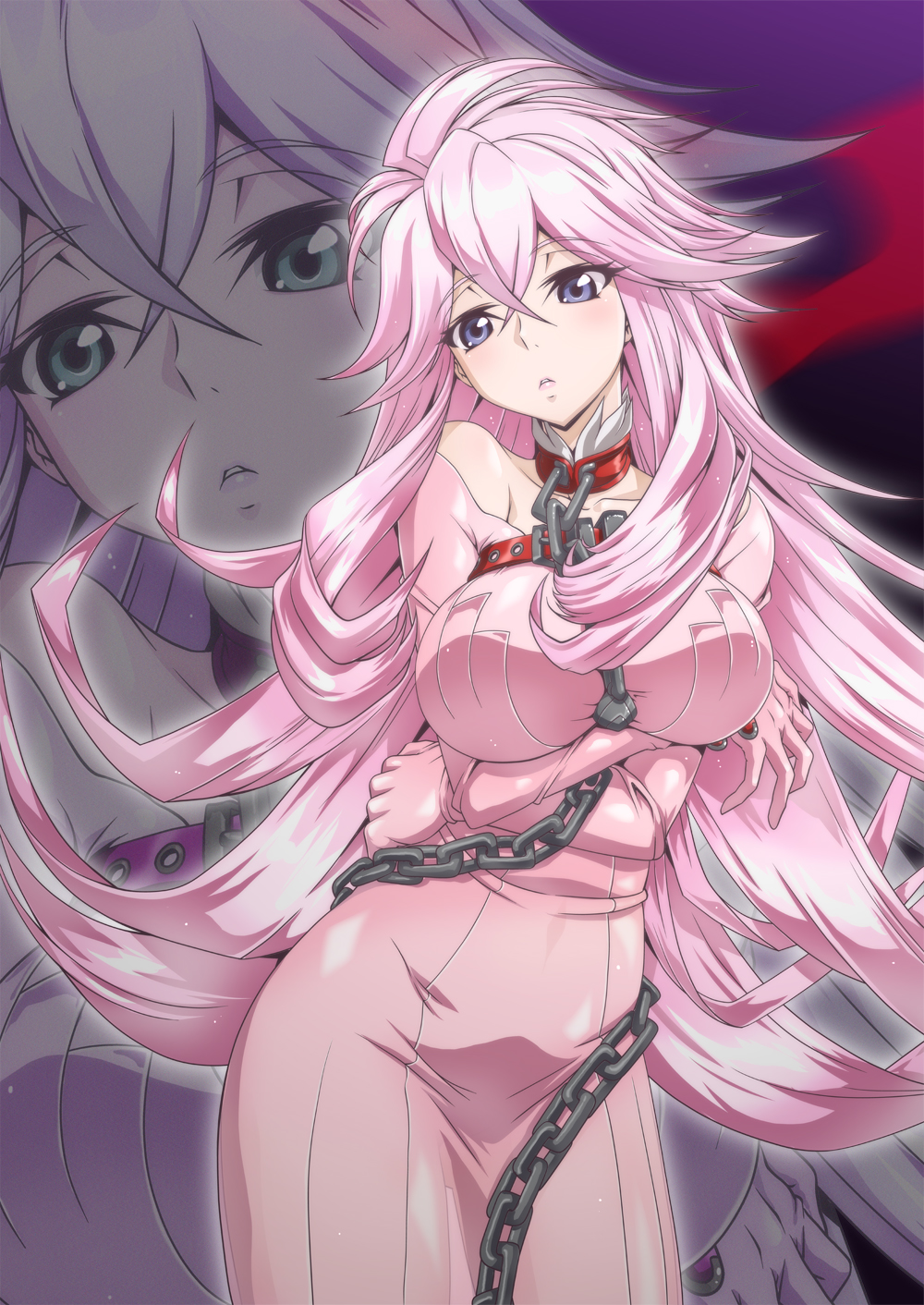 1girl bangs blush bound bound_torso breasts chain character_request code_geass collar collarbone commentary_request crossed_bangs flipped_hair geass highres kaname_aomame large_breasts long_hair looking_at_viewer messy_hair parted_lips pink_hair sidelocks solo straitjacket violet_eyes zoom_layer