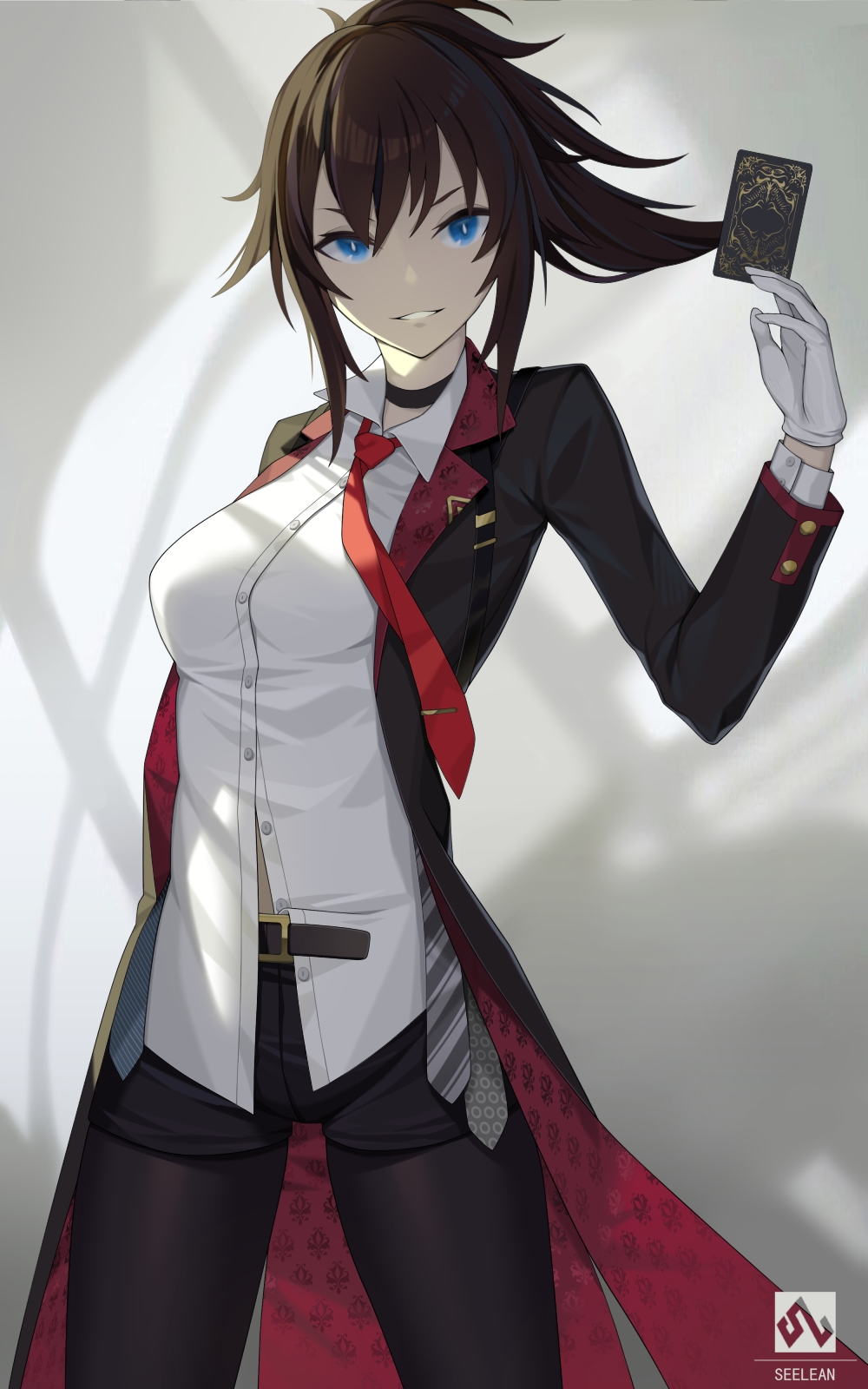 1girl belt black_pants blue_eyes brown_hair card choker formal gloves grin highres holding holding_card looking_at_viewer necktie original pant_suit pants partially_unbuttoned ponytail seelean shirt smile solo suit tailcoat white_gloves white_shirt