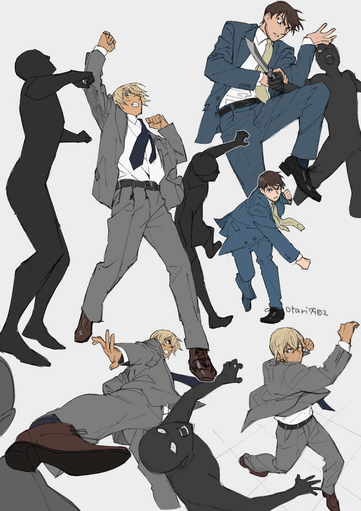 6+boys amuro_tooru arm_up bangs battle belt black_footwear blue_eyes blue_jacket blue_neckwear blue_pants blue_suit brown_hair clenched_hand clenched_hands clenched_teeth closed_mouth collared_shirt commentary_request dark_skin dark_skinned_male facial_hair floating_necktie flying_kick grey_background grey_jacket grey_pants grey_suit hair_between_eyes holding holding_knife holding_weapon indesign jacket kicking knife light_brown_hair long_sleeves male_focus meitantei_conan multiple_boys multiple_views necktie one_eye_closed open_clothes open_jacket open_mouth pants punching scotch_(meitantei_conan) shirt shirt_tucked_in shoes short_hair signature simple_background standing stubble teeth upper_teeth uppercut weapon white_shirt wrist_grab yellow_neckwear
