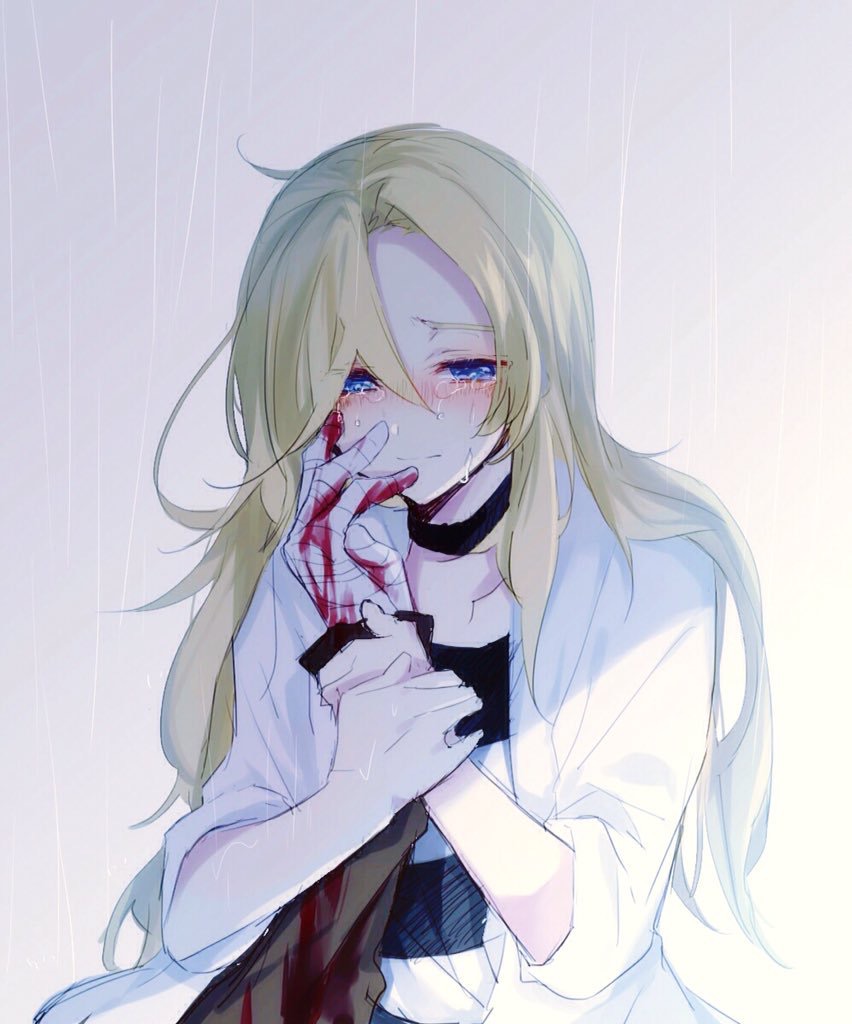 1boy 1girl bandages bangs black_choker blonde_hair blood bloody_bandages bloody_hands blue_eyes blush choker chunnkoromochi closed_mouth collarbone commentary_request crying gradient gradient_background grey_background hair_between_eyes holding isaac_foster jacket long_hair long_sleeves looking_at_viewer nose_blush open_clothes open_jacket rachel_gardner satsuriku_no_tenshi shade shadow shirt simple_background striped striped_shirt upper_body very_long_hair white_jacket