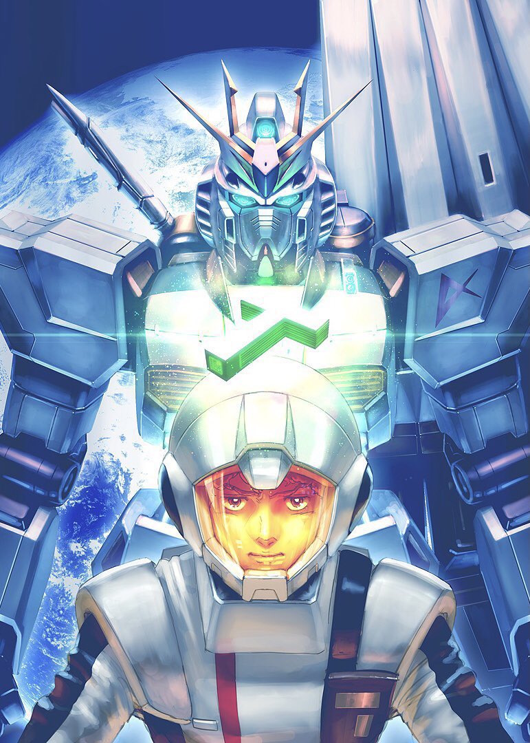 1boy amuro_ray blue_eyes char's_counterattack funnels glowing glowing_eyes gundam helmet looking_at_viewer mecha nu_gundam pilot_suit planet science_fiction space totthii0081 v-fin v-shaped_eyebrows