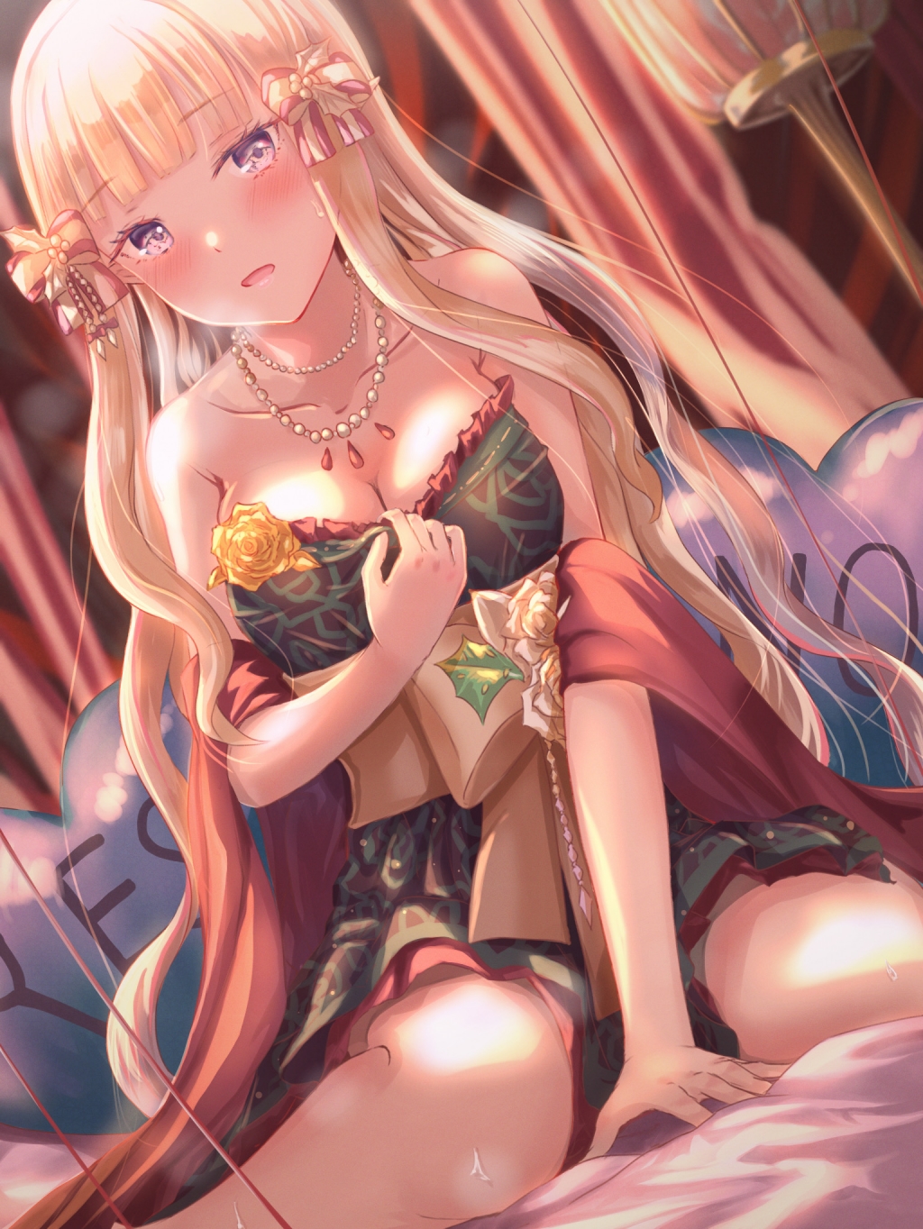 1girl bangs blonde_hair blue_eyes blush bow breasts elf eyebrows_visible_through_hair hair_bow hair_ornament highres kinom_(sculpturesky) large_breasts long_hair looking_at_viewer pointy_ears princess_connect! princess_connect!_re:dive saren_(princess_connect!) solo