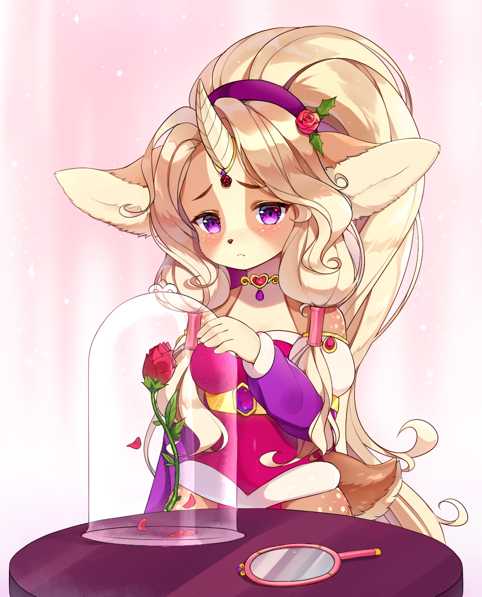 1girl animal_ears bare_shoulders beauty_and_the_beast blonde_hair blush breasts closed_mouth commentary crystal deer_ears deer_girl deer_tail dress flower freckles furry gem glass hair_flower hair_ornament hairband hand_mirror hand_up heart heart_in_eye highres horns long_hair long_sleeves medium_breasts methynecros mirror off_shoulder pelvic_curtain petals pink_background pink_dress ponytail purple_hairband purple_sleeves raglan_sleeves red_flower red_rose rose sad shiny shiny_hair sidelocks simple_background single_horn solo standing symbol_in_eye table tail tied_hair upper_body very_long_hair violet_eyes