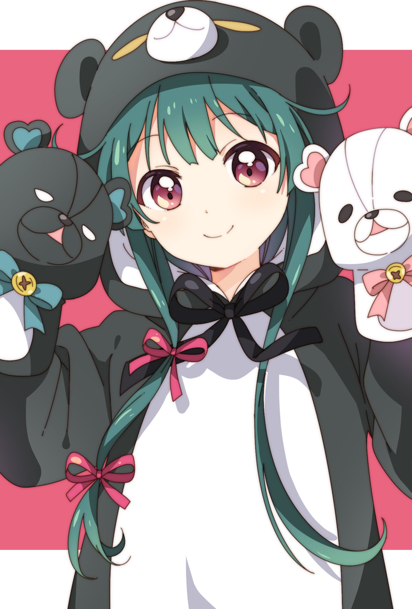 1girl animal_costume arms_up bear_costume black_bow blue_bow bow copyright_request eyebrows_visible_through_hair green_hair highres long_hair looking_at_viewer namori pink_background puppet red_eyes sidelocks smile