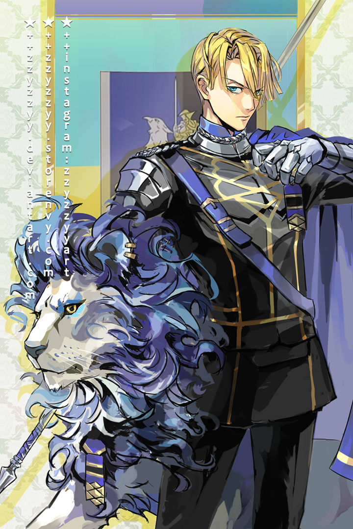 1boy animal armor bangs banner black_pants blonde_hair blue_cape blue_eyes cape closed_mouth commentary_request cowboy_shot deviantart_username dimitri_alexandre_blaiddyd fire_emblem fire_emblem:_three_houses garreg_mach_monastery_uniform gloves hair_between_eyes holding holding_polearm holding_weapon instagram_username lion long_sleeves looking_at_viewer male_focus pants polearm serious short_hair shoulder_armor shoulder_plates solo standing star_(symbol) watermark weapon web_address zzyzzyy