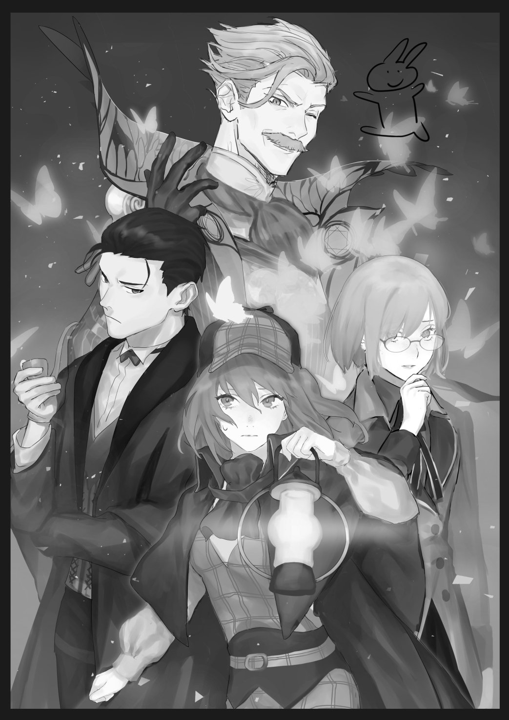 2boys 2girls black_border border bug butterfly cape closed_mouth cravat facial_hair fate/grand_order fate_(series) fujimaru_ritsuka_(female) glasses gloves greyscale hand_up hat highres holding holding_lantern insect james_moriarty_(fate/grand_order) lantern long_hair long_sleeves looking_at_viewer mash_kyrielight medium_hair monochrome multiple_boys multiple_girls mustache one_eye_closed parted_lips sankomichi sherlock_holmes_(fate/grand_order) shirt smile standing wide-eyed